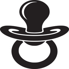 A black and white graphic illustration of a baby pacifier with a ring on a white background