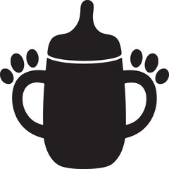 A black silhouette of a baby bottle with handles and paw prints on a white background illustration