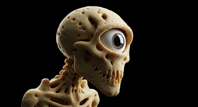 Surreal cyclops skeletal creature with porous bone texture 3D render on dark background