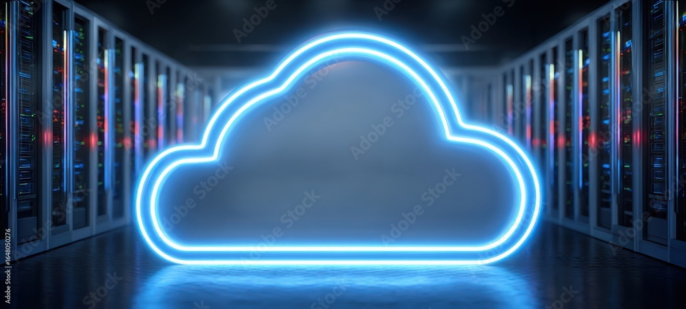 Poster [the cloud neon icon in a futuristic data center surrounded by server racks]