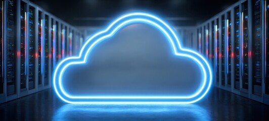 [The Cloud Neon Icon in a Futuristic Data Center Surrounded by Server Racks]