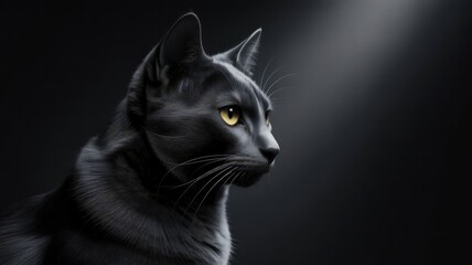 Elegant black cat with bright green eyes on a dark background