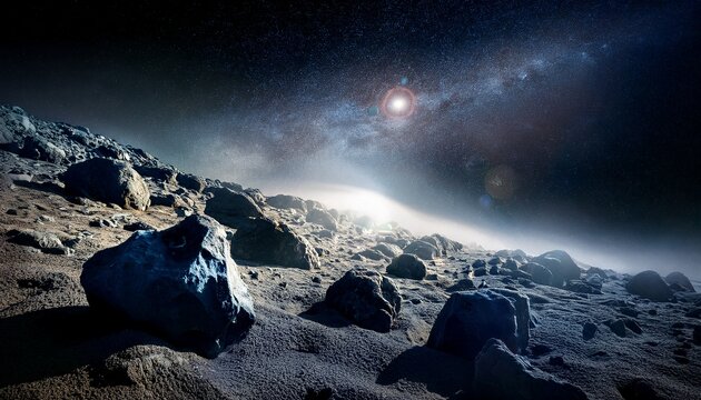 deep space asteroid field flythrough realistic lighting dust particles rock shadows