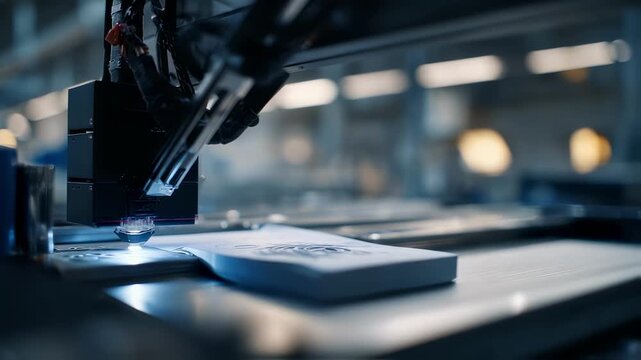 Medium shot capturing the embossing process of microchipembedded diplomas via a blockchain credential printer emphasizing advanced security features and a blurred industrial