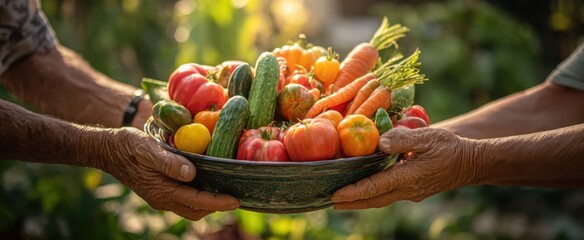 [The bowl of fresh heirloom vegetables held by hands in golden garden light]