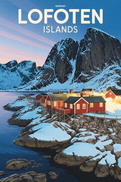 Fototapeta Red rorbuer in the lofoten islands, norway, stand on a rocky shore at sunset in winter