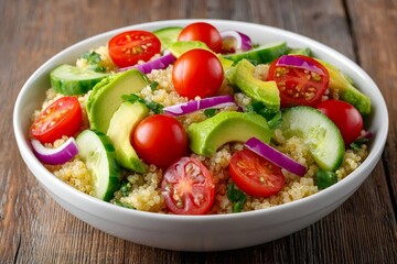 Quinoa salad with avocado, cucumber, tomatoes and red onion in white bowl