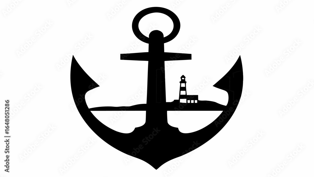 Poster black silhouette of an anchor with a lighthouse on land in the middle on a white isolated background