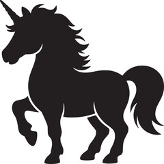 A silhouette of a unicorn standing on its hind legs with a horn on its head on a white background