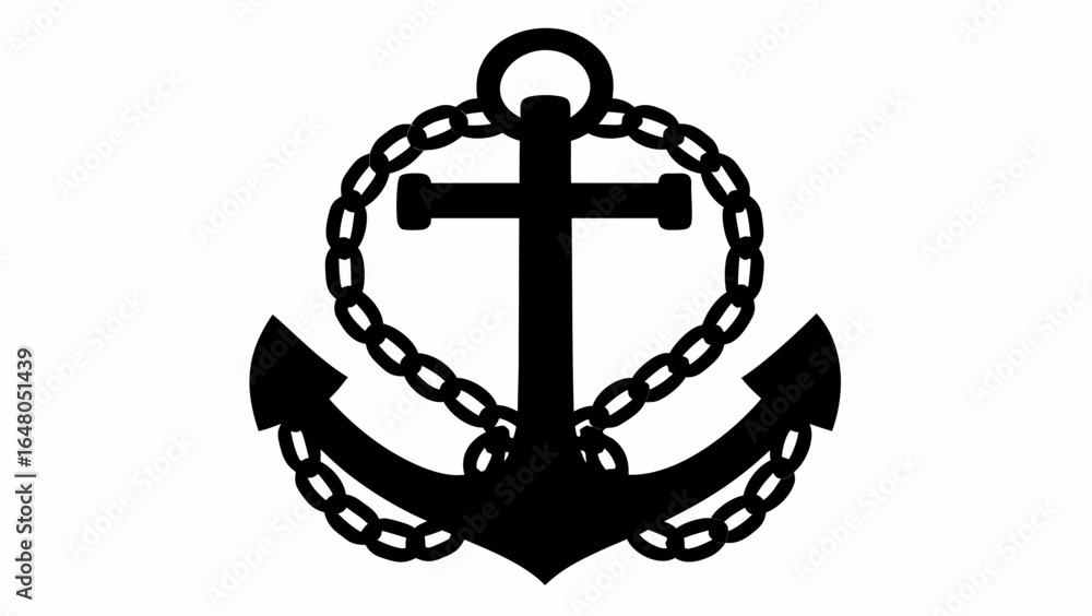 Poster black silhouette of a nautical anchor with a chain wrapped around it on a white background image des
