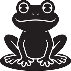 A stylized black frog sitting on a lily pad with a white background in a minimalist design style