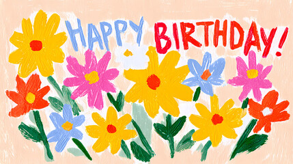 A vibrant hand-drawn birthday card featuring lush flowers and bold Happy Birthday text, perfect for joyful celebrations. The fresh floral design works beautifully for both digital greetings and