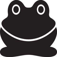 A simple black and white illustration of a frog with a white background and round eyes design icon