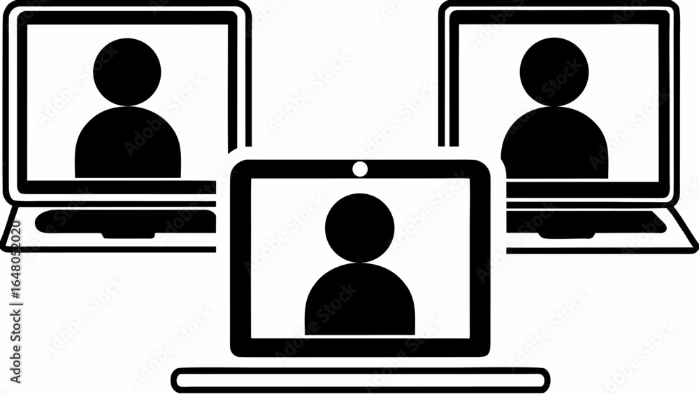 Poster three laptops displaying video conference participants in a virtual meeting setup online call interf