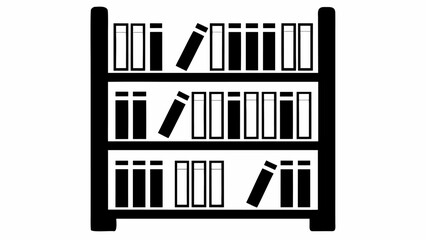Illustration of a black bookshelf filled with books on three shelves with some books angled | editable eps vectors silhouette