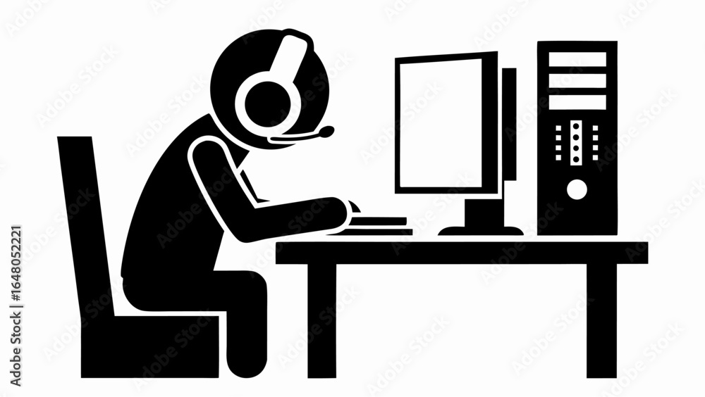 Poster silhouette of person with headset at desk using computer with tower on the right side in black | edi