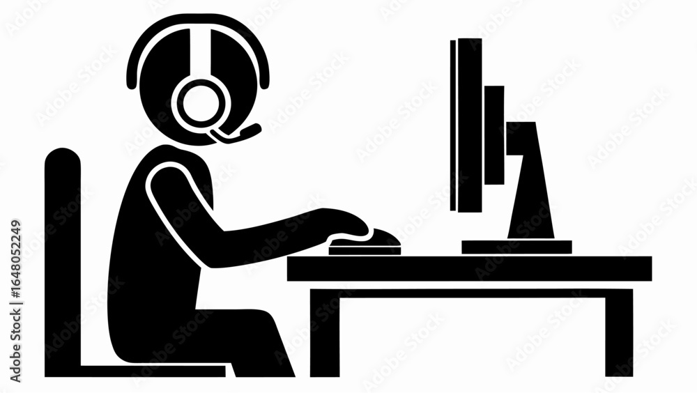 Poster person wearing headset using computer at desk in black and white simple vector illustration style im