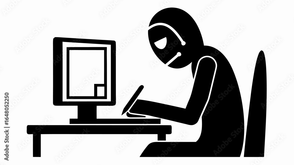 Poster illustration of a person in a hoodie sitting at a desk using a computer and drawing with a stylus | 