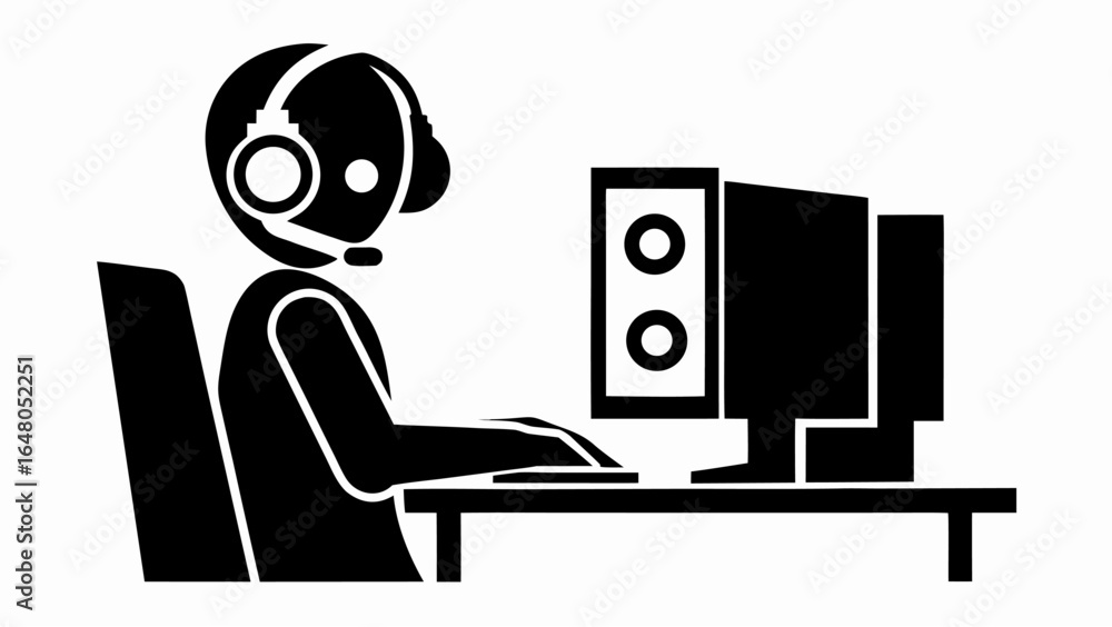 Aufkleber illustration of a person wearing a headset sitting at a desk using a computer and keyboard device | 