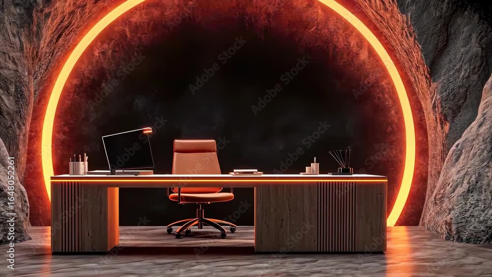Poster modern office space with illuminated circular backdrop in cave setting
