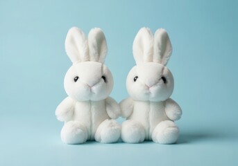 Two cute white plush bunnies sitting together against a soft blue background