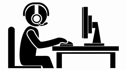 Person wearing headset using computer at desk in black and white simple vector illustration style image | editable eps vectors silhouette