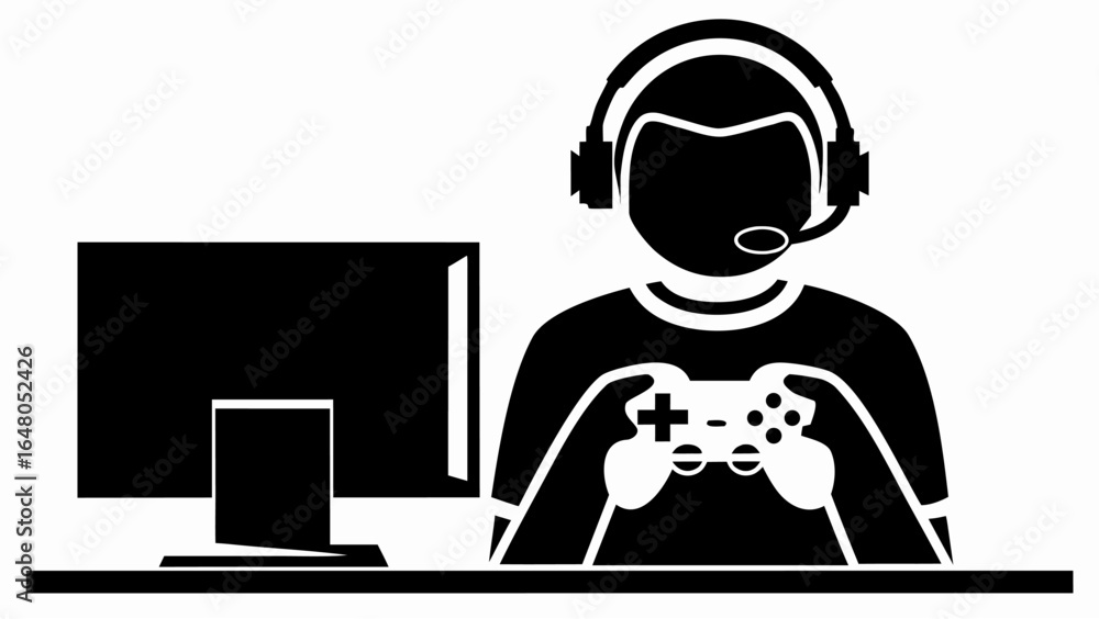 Aufkleber silhouette of a person with headset playing video game on computer with controller in hand at a desk