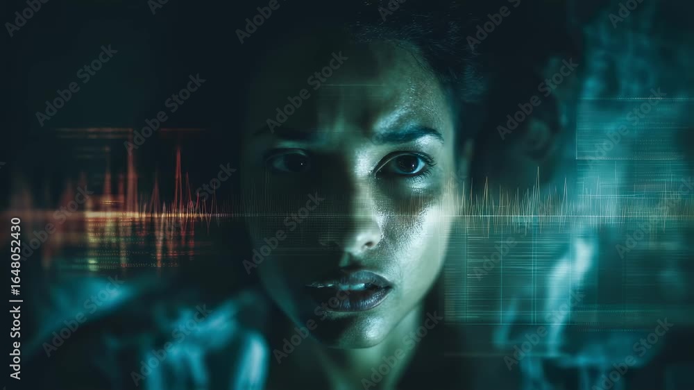 Poster focused medium frame showing a sleepers tense face blurred shadow shapes surrounding with animated r