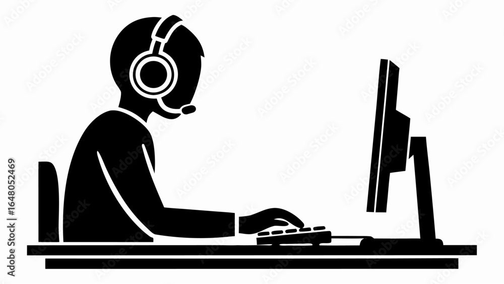 Poster silhouette of a person with headset at computer working or gaming at a desk in black and white desig