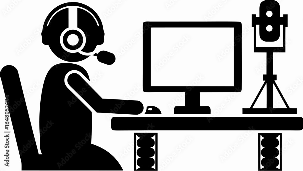 Poster person with headset sitting at desk with computer and microphone setup in black and white style desi