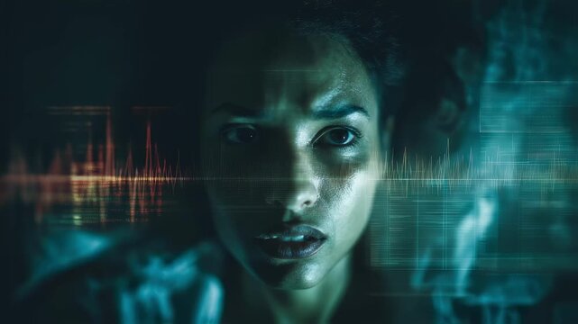 Focused medium frame showing a sleepers tense face blurred shadow shapes surrounding with animated REM wave charts explaining the neurological basis of sleep paralysis.