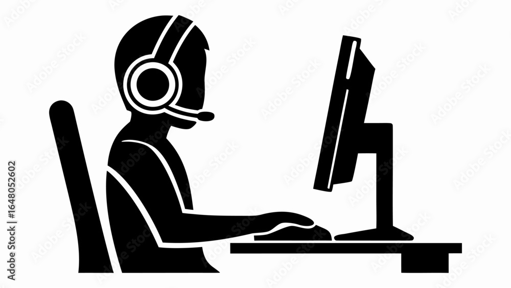 Poster Silhouette of a person with headset sitting at a desk with a computer and using a mouse device | editable eps vectors