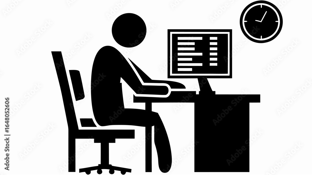 Poster silhouette of a person sitting at a desk working on a computer with a clock on the wall showing the 