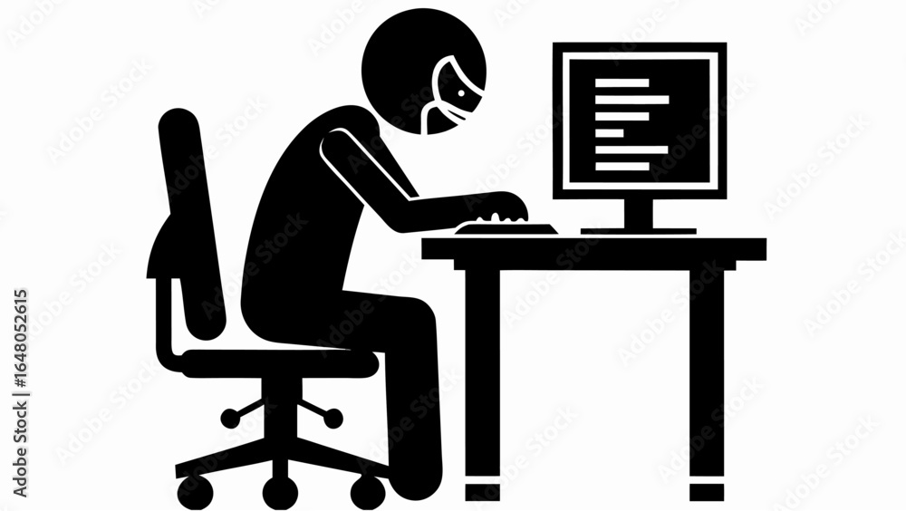 Poster stick figure wearing a mask sitting at a desk in front of a computer working on a project at home | 