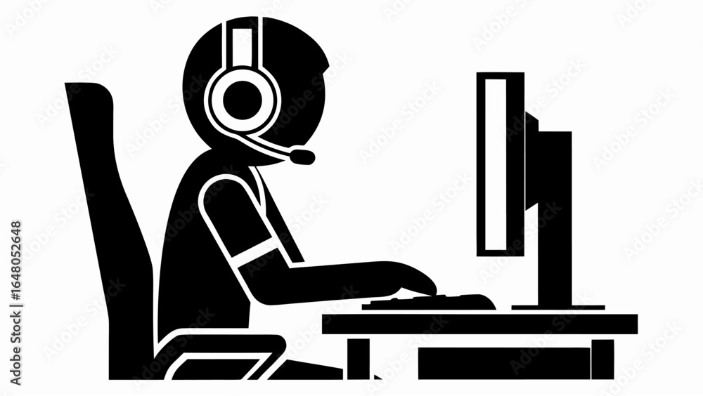 Poster silhouette of person with headset sitting at desk with computer monitor and keyboard on white backgr