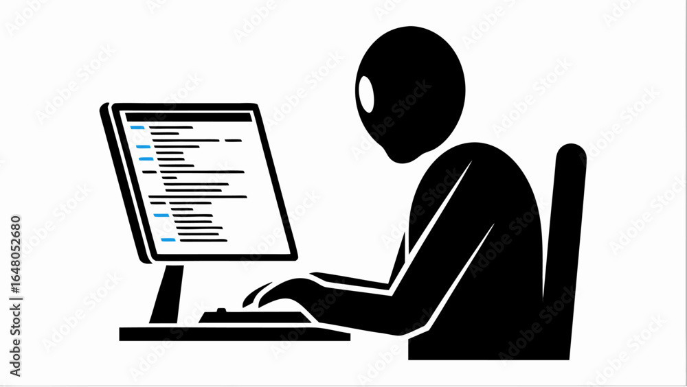 Poster silhouette of person working on computer displaying code with blue highlights and keyboard on desk |