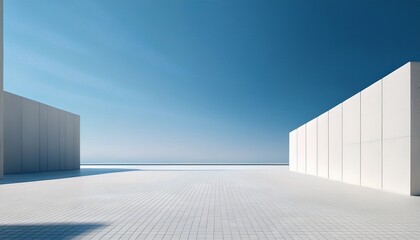Fototapeta premium minimalist architecture white concrete wall pillars and tile floor against a clear blue sky