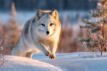 Naklejka premium Arctic fox running in the snow at sunset