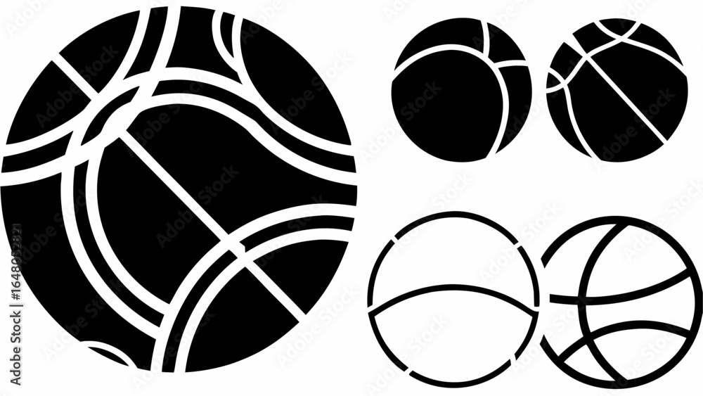 Poster collection of five abstract circular designs with varying line patterns in black and white color sch