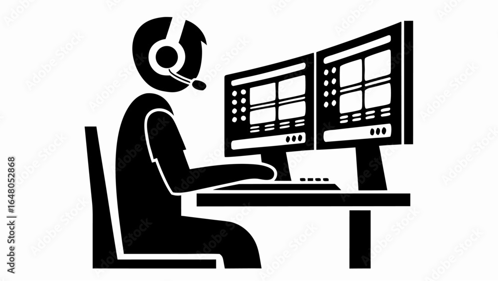 Poster a person with headset sitting at a desk with two monitors and a keyboard in black and white graphic 