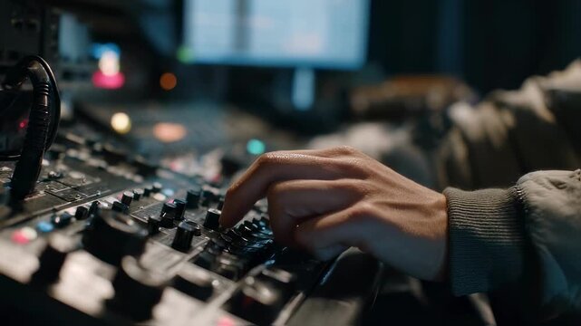 Medium shot showcasing an archivist operating a 12K dome scanner emphasizing their hands adjusting controls while the background reels and equipment fade subtly out of focus.