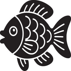 A stylized black and white illustration of a fish with detailed fins and body markings on white background
