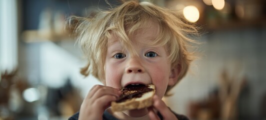Naklejka premium The boy eating chocolate-covered toast with messy face and playful kitchen moment