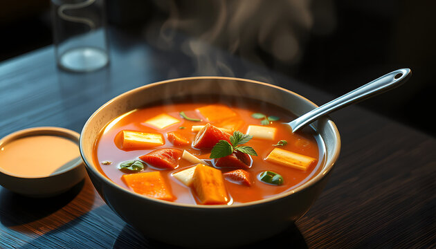 Thenthuk soup, 8k  photorealism. White tone