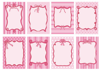 Set of coquette pink posters with delicate patterns, ribbon frames, bows and soft pastel accents in charming hand drawn style.