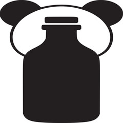 A black silhouette of a bottle with a round frame and bear ears on a white background in simple style