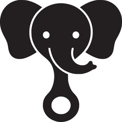 A stylized black and white illustration of an elephant shaped baby rattle with a circular handle hole