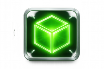 Green glowing cube icon on transparent background with metallic frame, perfect for apps, websites, or any project needing a modern and futuristic touch