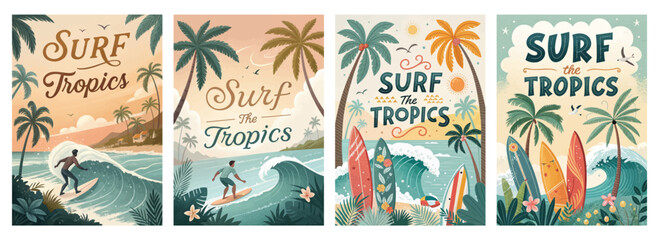 Colorful surf-themed illustrations showcasing tropical waves and palm trees.