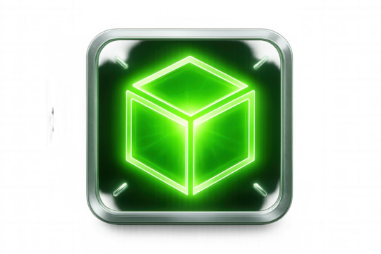 Green glowing cube icon on transparent background with metallic frame, perfect for apps, websites, or any project needing a modern and futuristic touch